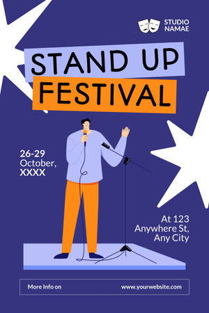 Designvorlage Stand-up-Festivalwerbung mit Illustration des Künstlers für Pinterest