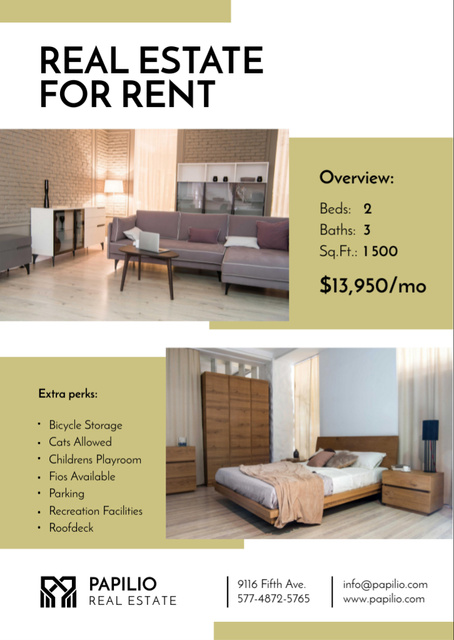 Rent Cozy Apartments with Stylish Interiors Flyer A6 Modelo de Design
