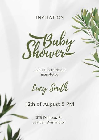 Baby Shower Announcement with Green Leaves Invitation Tasarım Şablonu