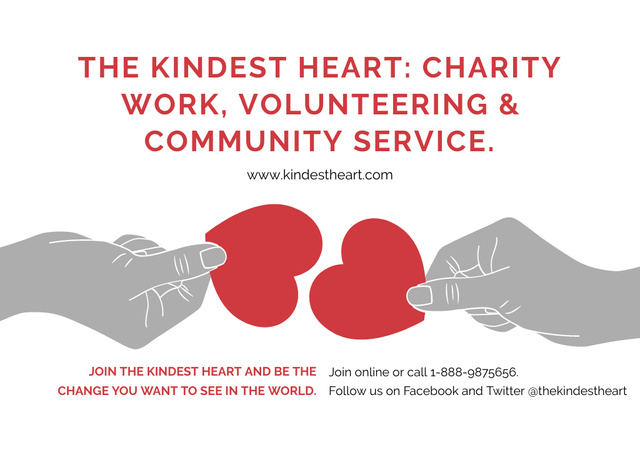 Plantilla de diseño de Charity Event Announcement with Hands Holding Red Hearts Flyer A6 Horizontal 