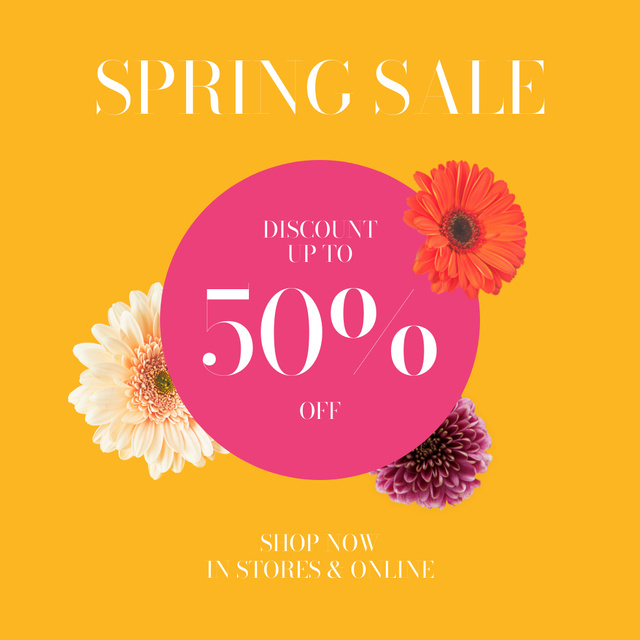 Bright Announcement of Spring Sale with Cute Flowers Instagram ADデザインテンプレート