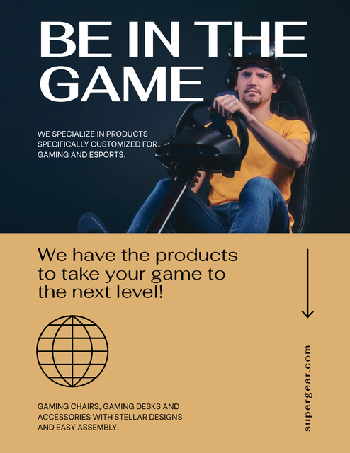 Modern Gaming Gear Ad with Player Poster 8.5x11in Šablona návrhu