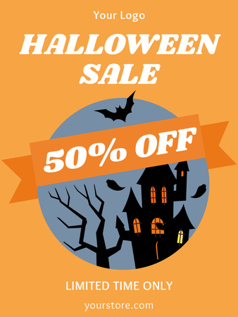Template di design annuncio di vendita di halloween con castello oscuro Poster US