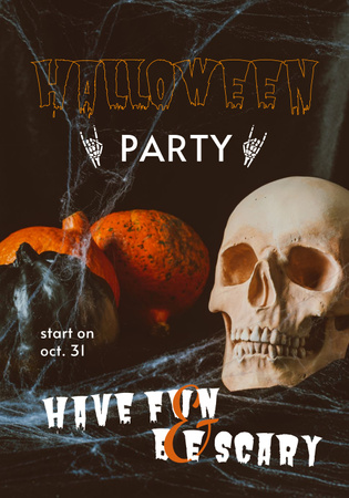 Halloween Party Announcement with Skull and Pumpkins Poster 28x40in Šablona návrhu