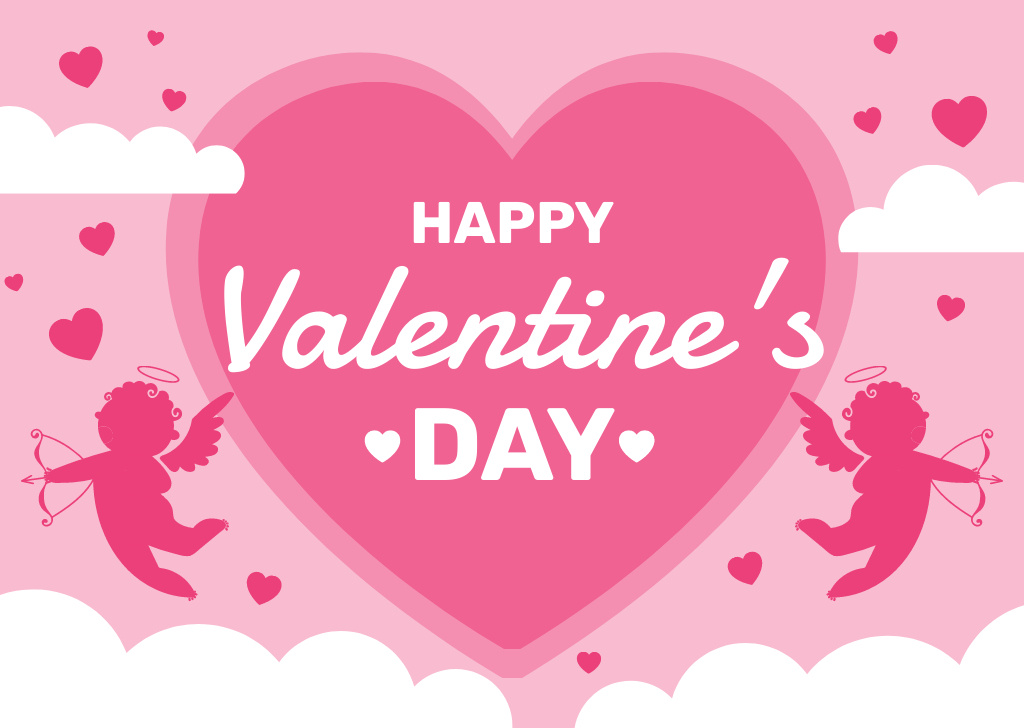 Plantilla de diseño de Greetings on Valentine's Day with Lovely Cupids And Hearts Card 