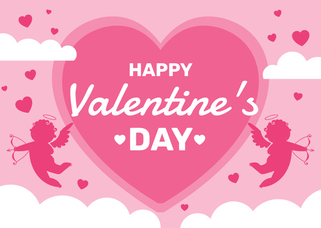 Ontwerpsjabloon van Card van Greetings on Valentine's Day with Lovely Cupids And Hearts