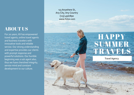 Template di design Offerta di servizi di agenzia di viaggi con donna che cammina con il cane Brochure