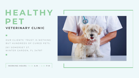 Platilla de diseño Vet Clinic Ad Doctor Holding Dog Title 1680x945px