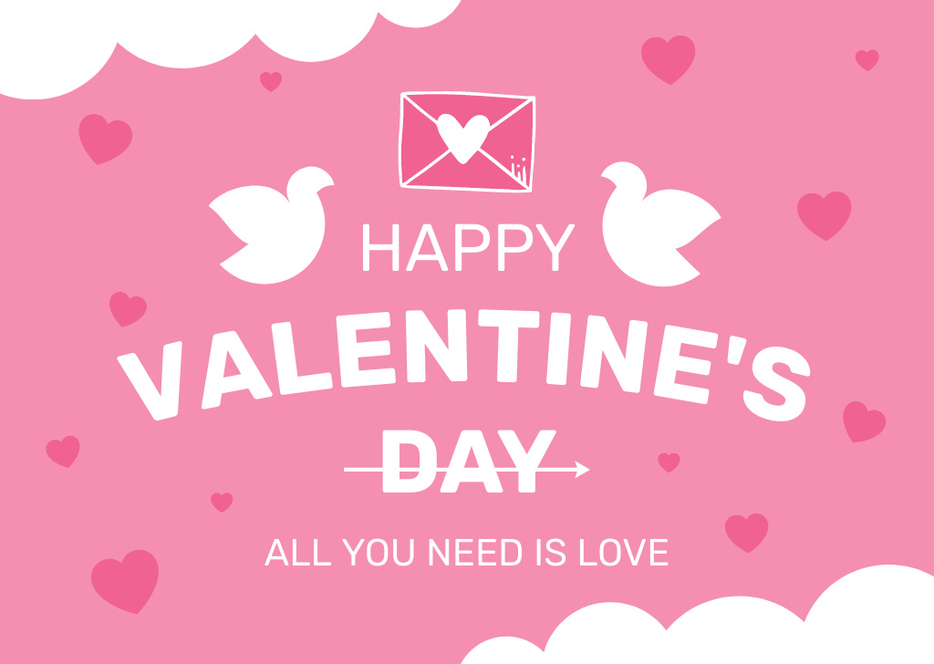 Happy Valentine's Day Greeting on Pink with Doves and Phrase Card Tasarım Şablonu