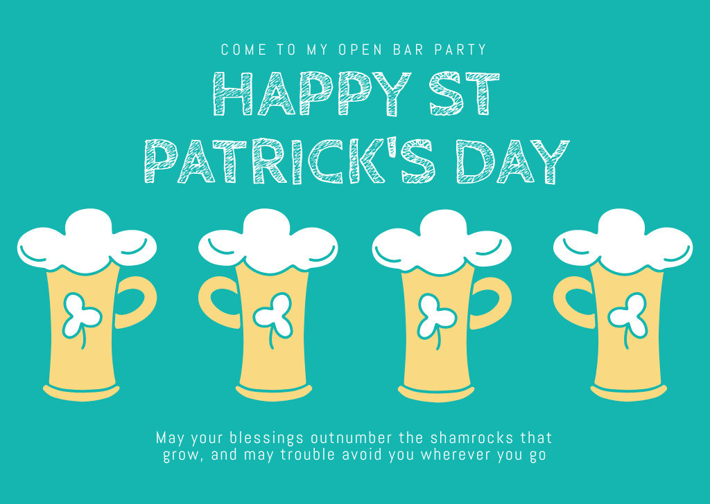 St. Patrick's Day Greetings with Beer Mugs in Blue Card Design Template
