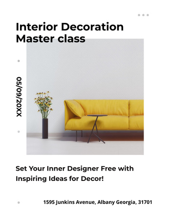 Template di design Interior Decoration Masterclass Ad with Yellow Couch with Lamp and Flowers Flyer 8.5x11in