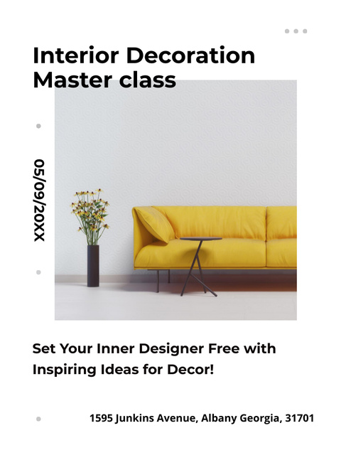 Platilla de diseño Interior Decoration Masterclass Ad with Cozy Yellow Couch Flyer 8.5x11in