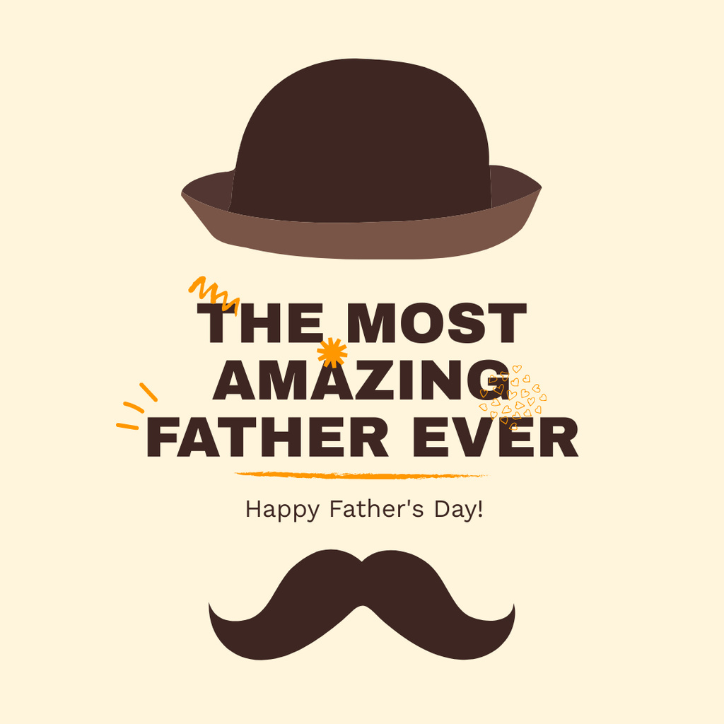 Father's Day Card with Gentleman Hat and Mustache Instagram Tasarım Şablonu