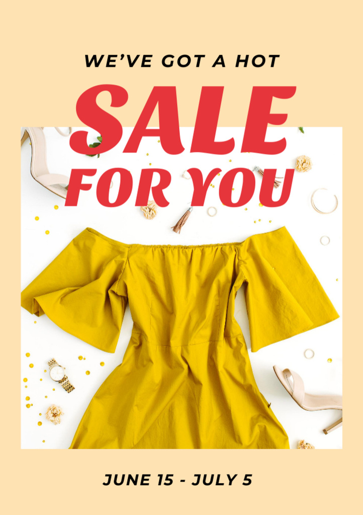 Clothes Sale Offer with Stylish Yellow Female Dress Flyer A5 Modelo de Design