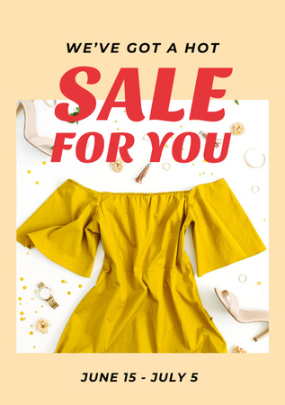 Clothes Sale Offer with Stylish Yellow Female Dress Flyer A5 Πρότυπο σχεδίασης