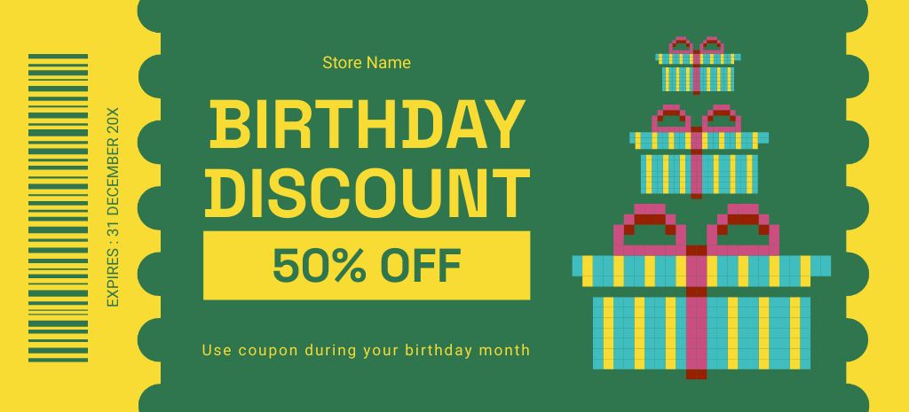 Green Voucher for Discount on Birthday Gifts Coupon 3.75x8.25in Šablona návrhu