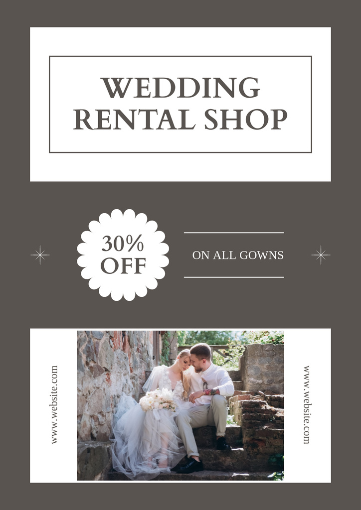 Wedding Gowns Rent Shop Ad with Beautiful Bride and Handsome Groom Poster Šablona návrhu