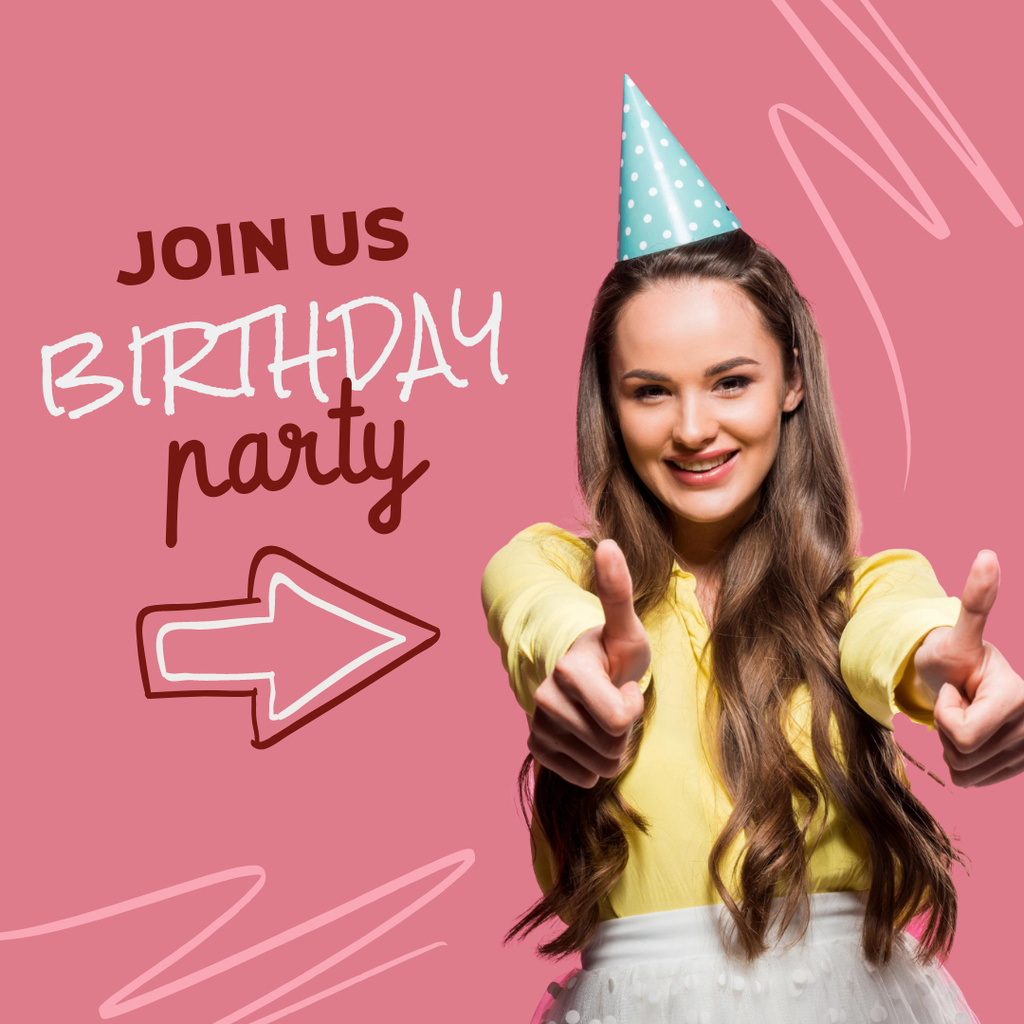 Birthday Party Announcement with Happy Young Woman Instagram Šablona návrhu
