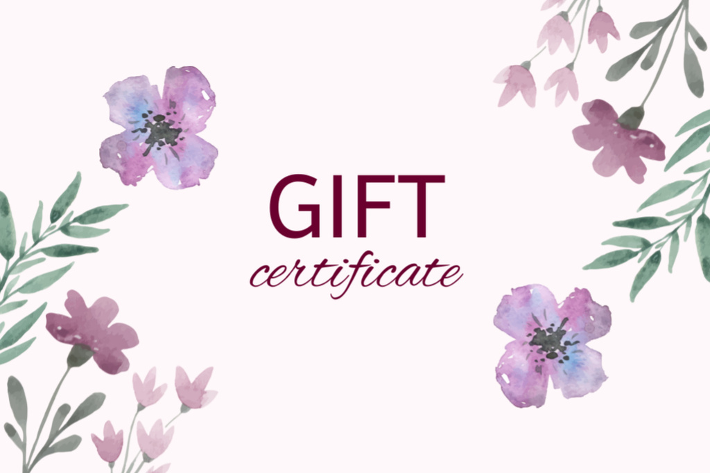 Platilla de diseño Special Offer with Purple Watercolor Flowers Gift Certificate