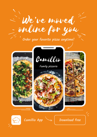 Tasty Pizza Order Offer By Mobile Application With Slogan Poster Design Template