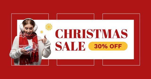Ontwerpsjabloon van Facebook AD van Happy Woman with Present on Christmas Sale Red
