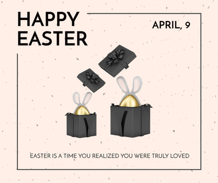 Plantilla de diseño de Saludos de Pascua con huevos de oro en cajas de regalo Facebook 