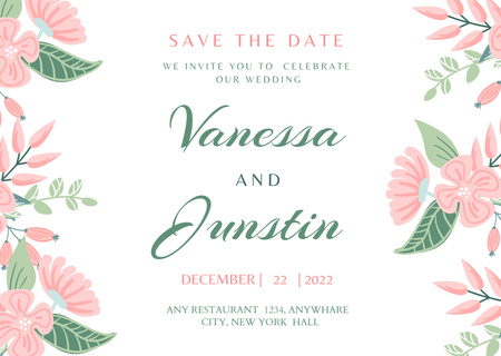 Wedding Invitation with Flowers on White Postcard – шаблон для дизайна