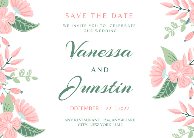 Wedding Invitation with Cute Pink Flowers on White Postcard Πρότυπο σχεδίασης