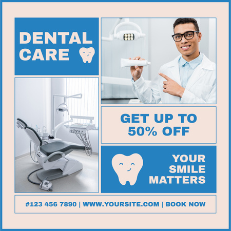 Szablon projektu Usługi opieki stomatologicznej z dentystą pokazującym pastę do zębów Instagram