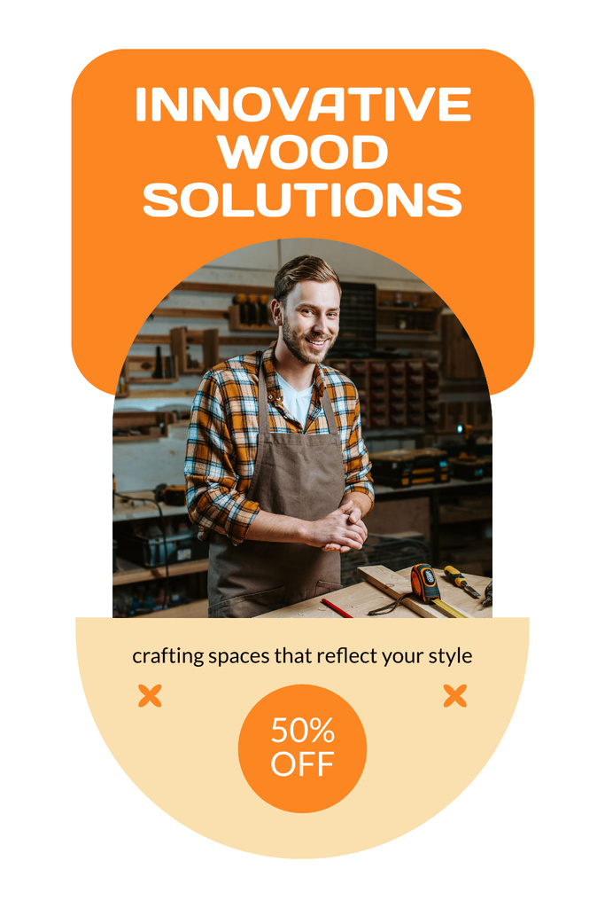 Innovative Wood Solutions Ad with Smiling Carpenter Pinterest tervezősablon