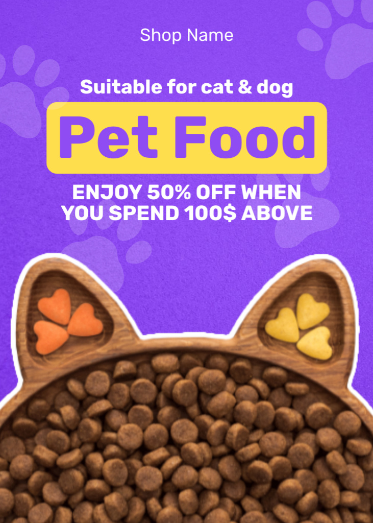 Cat's and Dog's Food Discount on Purple Flayer Design Template
