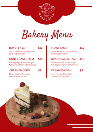 Designvorlage Angebotsliste der Bäckerei mit Stück Kuchen auf Rot für Menu