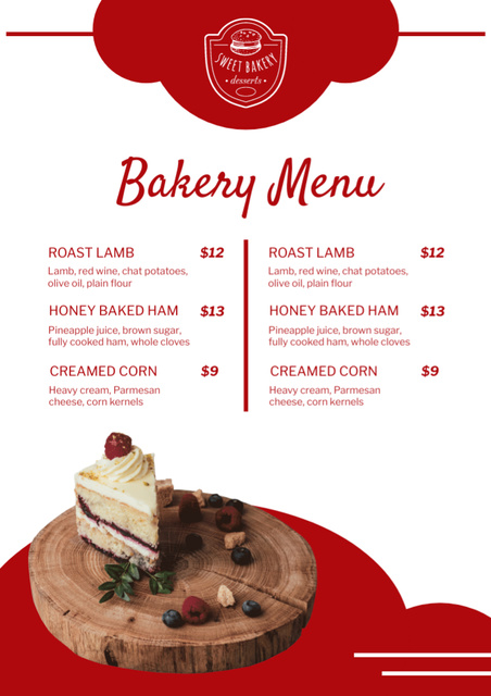 Bakery's Offers List with Piece of Cake on Red Menu tervezősablon