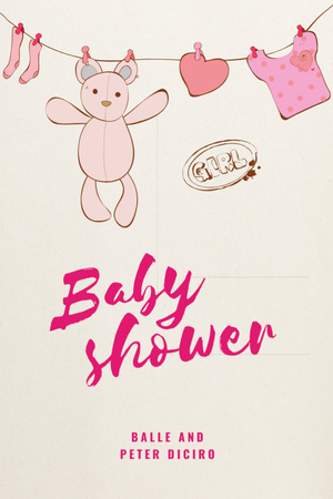 Plantilla de diseño de Memorable Baby Shower Announcement With Hanging Toys In Pink Postcard 4x6in Vertical 
