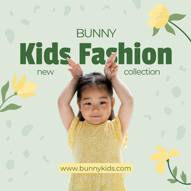 Designvorlage Children New Collection Sale Ad with Little Girl in Yellow Clothing für Instagram