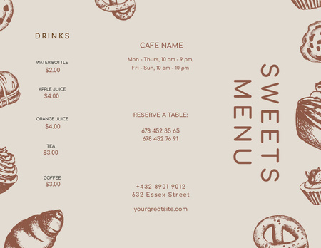 Sweets And Bakery Sketches For Sweets List Menu 11x8.5in Tri-Fold Design Template