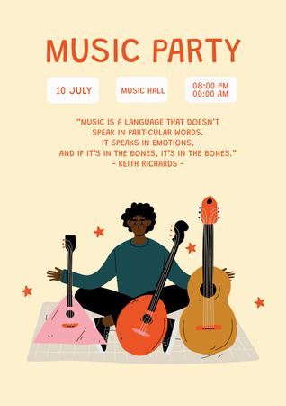 Ontwerpsjabloon van Poster van Aankondiging muziekfeest met muzikant met muziekinstrumenten