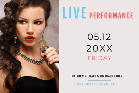 Ontwerpsjabloon van Flyer 4x6in Horizontal van Live Performance Announcement with Gorgeous Woman Singer