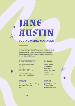 Social Media Manager skills and experience Resumeデザインテンプレート