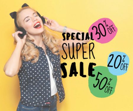 special super sale yellow banner with young woman in headphones Large Rectangle Modelo de Design
