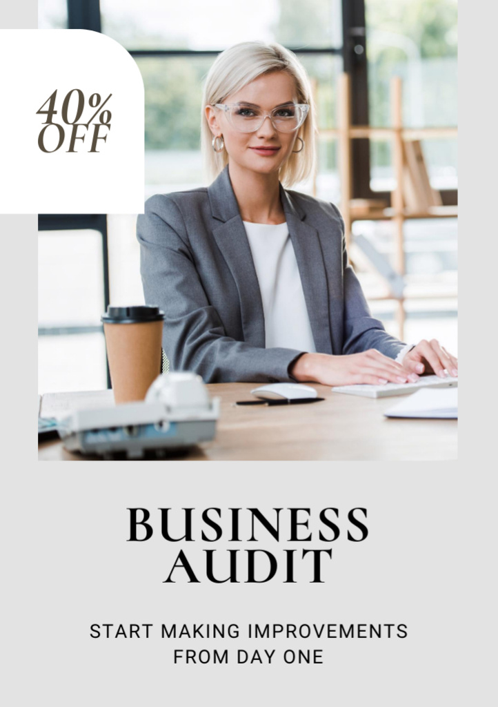Plantilla de diseño de Business Audit Services Ad with Confident Businesswoman Flyer A7 