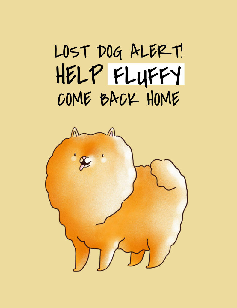 Fluffy Dog Missing Alert with Cute Illustration Flyer 8.5x11in Design Template