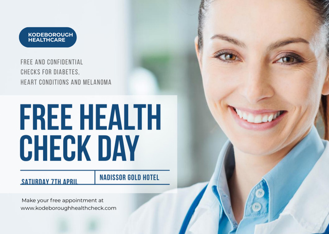 Day of Free Diagnostics at Clinic with Friendly Doctor Flyer 5x7in Horizontal Design Template