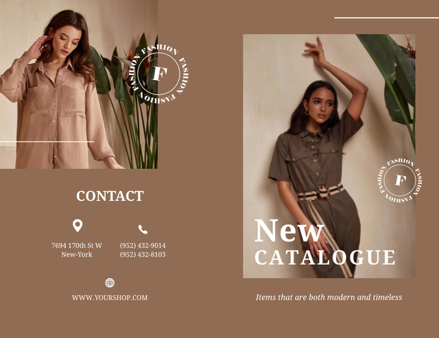 Apparel Catalog Ad with Stylish Woman In Brown Brochure 8.5x11in Bi-fold – шаблон для дизайна