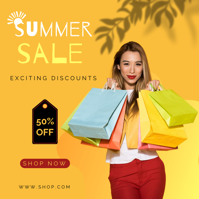 Summer Sale Announcement with Cute Girl with Purchases Instagram tervezősablon