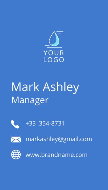 Image of Company Emblem with Drop in Blue and Contacts Business Card US Vertical Design Template