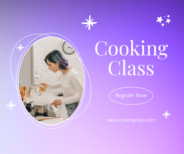 Cooking Class Announcement with Woman at Stove Facebook Modelo de Design