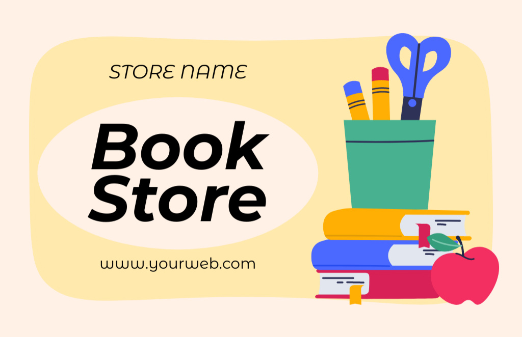 Bookstore Ad with Stationery and Books Business Card 85x55mm Tasarım Şablonu