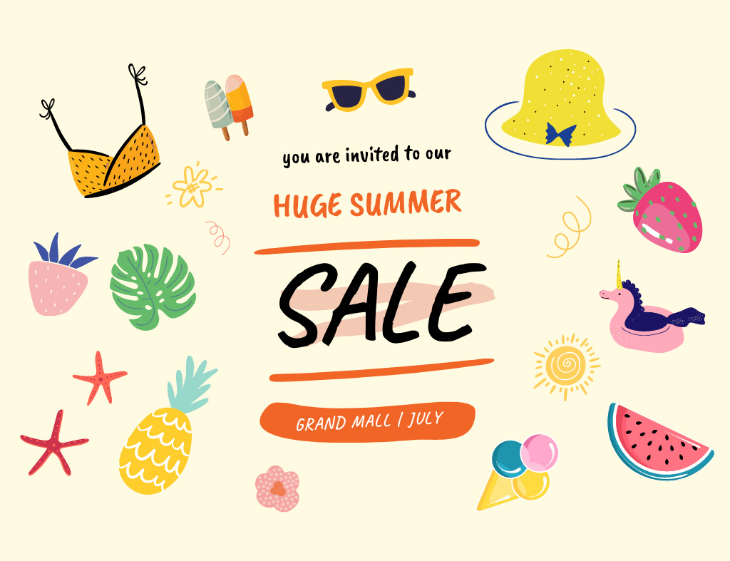 Summer Sale Announcement In Mall With Illustration Invitation 13.9x10.7cm Horizontal Πρότυπο σχεδίασης