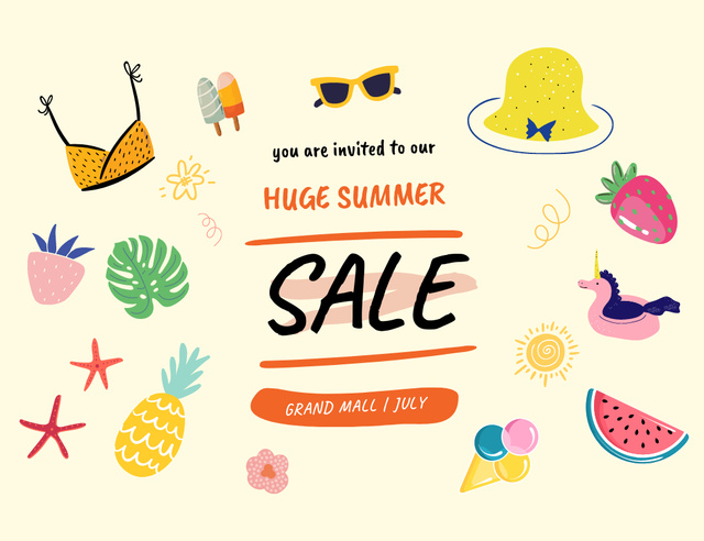 Summer Sale Announcement In Mall With Illustration Invitation 13.9x10.7cm Horizontal Tasarım Şablonu